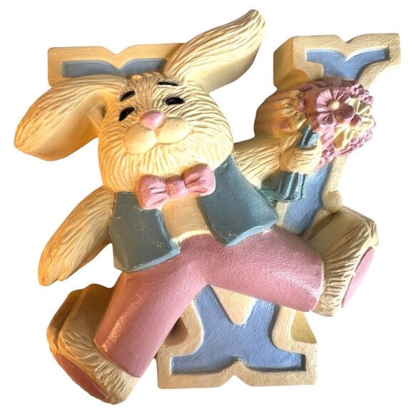 VTG 1992 Burwood Bunny Rabbit LOVE Wall Hanging Decoration Plaques Set Pink Blue - Picture 5 of 7